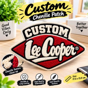 May include: A custom chenille patch featuring the text Lee Cooper in white script on a red diamond-shaped background with a black border. The patch measures 17.3 by 13.4 cm and has a textured, soft, embroidered surface.