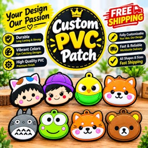 May include: A collection of eight colorful custom PVC patches featuring various cartoon-style characters including a cat, a person in a purple hat, a bird, a fox, a gray creature, a frog, and a bear, all with raised rubberized textures.