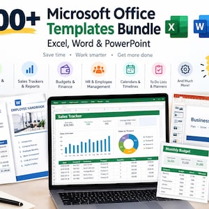 May include: A digital bundle of 1000+ Microsoft Office templates for Excel, Word, and PowerPoint. The display features a laptop screen showing a sales tracker, alongside printed documents including an invoice, employee handbook, and budget sheets.