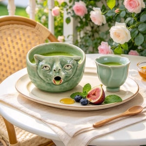 May include: A light green ceramic bowl shaped like a cat face with an open mouth, a matching small scalloped cup, a wooden spoon, and a small glass bowl of honey on a white plate. The plate also holds a sliced fig, blueberries, and mint leaves.
