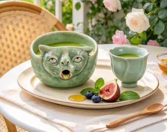 Hand Sculpted Celadon Puking Cat Matcha Bowl Set, Funny Cat Chawan with Bamboo Chasen, Whimsical Tea Gift for Cat & Matcha Lovers