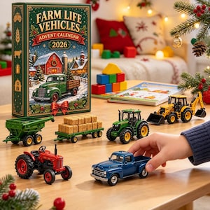 May include: A Farm Life Vehicles Advent Calendar 2026 box featuring a green truck illustration, accompanied by miniature toy farm vehicles including a green grain cart, a trailer with hay bales, a green tractor, a yellow backhoe, a red tractor, and a blue pickup truck.