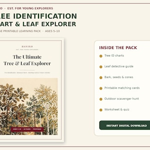 Puede incluir: Un paquete de aprendizaje imprimible de 12 páginas titulado Tree Identification Chart & Leaf Explorer de Havixo. La portada muestra una ilustración de varios árboles y el texto The Ultimate Tree & Leaf Explorer. Incluye guías, tarjetas y cuestionarios.
