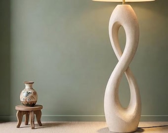 Sculptural Japandi Floor Lamp, Ivory Stone-Effect, Linen Shade, Organic Home Decor