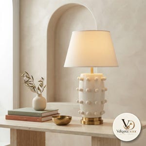 Large White Ceramic Table Lamp, Stacked Ball Base, Modern Drum Shade (30" Tall)