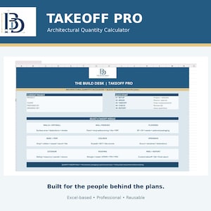 May include: The Takeoff Pro architectural quantity calculator is an Excel-based software interface featuring a blue and white dashboard. It includes sections for project details, quick start modules, and takeoff categories like walls, flooring, and roofing.
