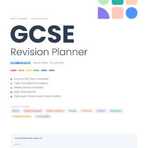 Pode incluir: Um planejador de estudos GCSE com uma grade geométrica colorida no topo. O texto diz Happy Scribble Study Planner, GCSE Revision Planner, 2026-27 Edition, Exams 10 May-18 June 2027 e lista matérias como Maths, English e Biology.