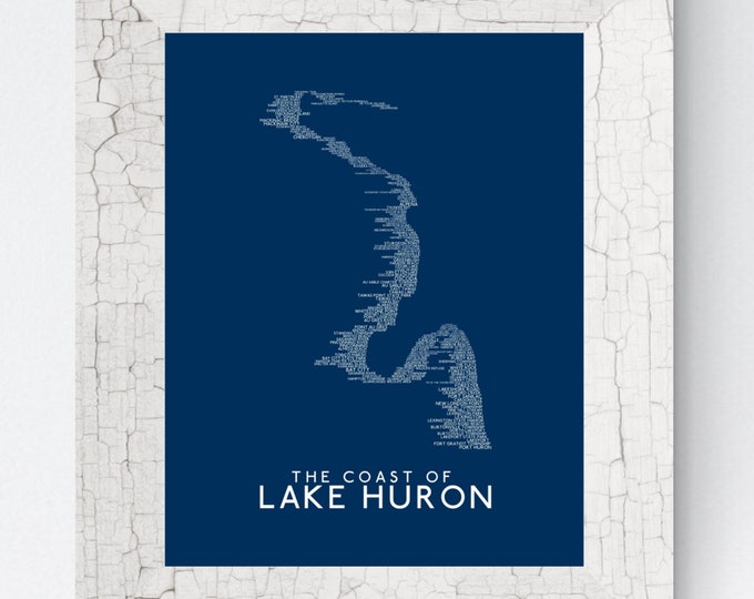 Michigan's Lake Huron Coastline Word Map Fine Art Print  (Dark Blue)