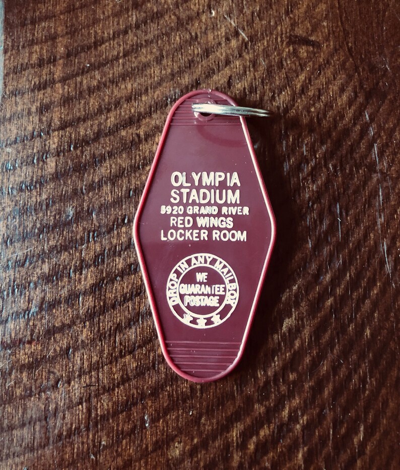 Olympia Stadium Detroit Red Wings Locker Room Vintage Style Keychain Dark Dark Red White