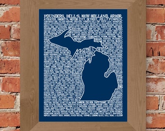 Beers of Michigan Word Map (Dark Blue) Fine Art Print - Unframed