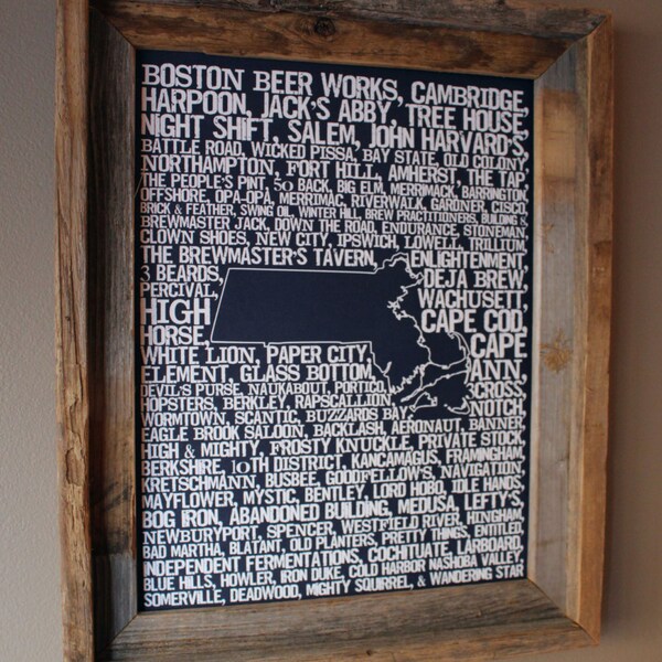 Beers of Massachusetts Word Map (Dark Blue) - Unframed