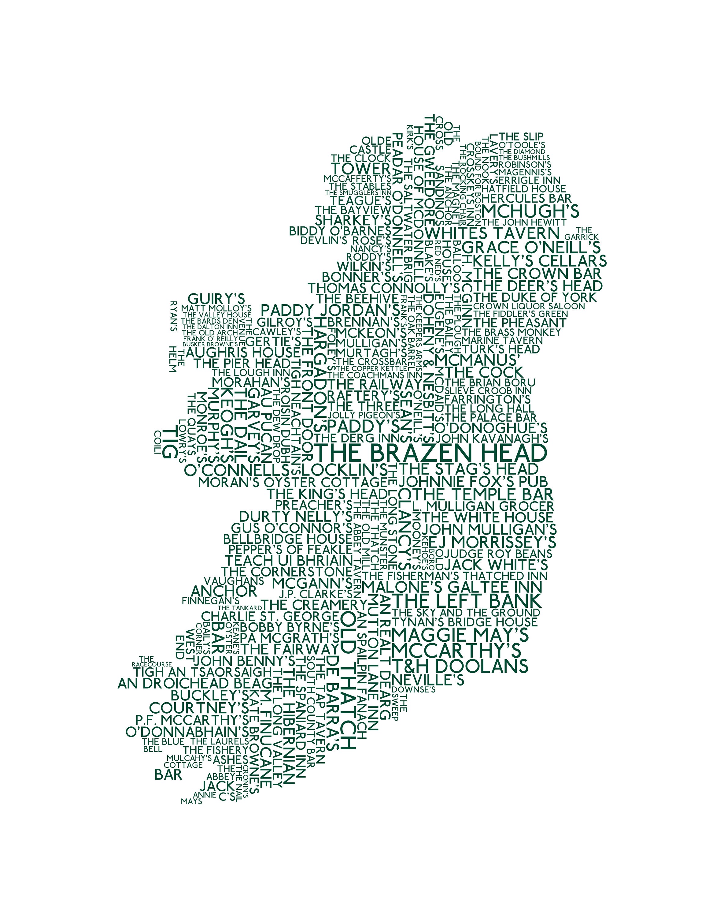 Irish Pubs Word Map Print White W Green Lettering Unframed 8