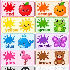 May include: An educational poster titled Colours with the text Look, Learn, Say, Grow and Small steps... big dreams! It features twelve rectangular sections, each displaying a color name, a paint splash, and a corresponding illustration of an object.