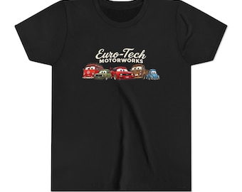 Euro-Tech Motorworks vintage cartoon cars Youth Tee | classic car lineup, kids shirt