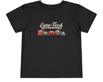 Euro-Tech Motorworks classic cartoon cars Toddler Tee | vintage VW Beetle lineup
