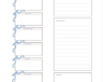 May include: A weekly planner page featuring the text Weekly Planner and DATE at the top. The layout includes seven daily sections for Monday through Sunday, each decorated with a light blue ribbon bow, alongside sections for Priorities, To Do List, and Notes.