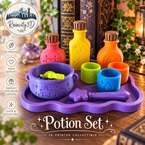 May include: A 3D printed potion set featuring a purple tray, a purple cauldron with star and moon engravings, three colourful bottles with brown stoppers, two small cups, and a star-topped wand. The set includes a pink, yellow, and orange bottle.