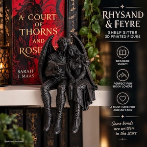 May include: A black 3D printed shelf sitter figure of two characters, Rhysand and Feyre, sitting together. The male figure has wings and holds an open book, while the female figure leans against him. The text reads Rhysand & Feyre Shelf Sitter.