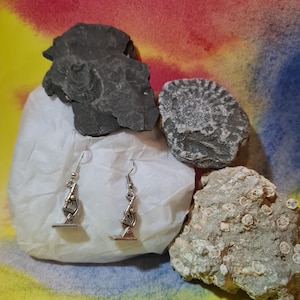 Peut inclure: Une paire de boucles d'oreilles en métal argenté en forme de microscopes miniatures, dotées de crochets d'oreilles classiques. Les boucles d'oreilles sont présentées sur un papier blanc entourées de trois spécimens de roches géologiques.