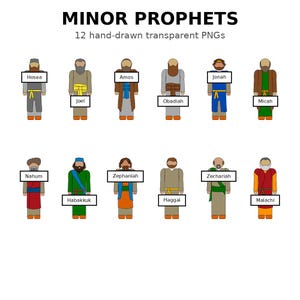 以下が含まれることがあります： 「MINOR PROPHETS 12 hand-drawn transparent PNGs」と題されたデジタルコレクション。様々な色のローブや帯を身にまとった12体のデフォルメされた人物像が描かれています。各人物には、Hosea、Joel、Amos、Obadiah、Jonah、Micah、Nahum、Habakkuk、Zephaniah、Haggai、Zechariah、Malachiと書かれた白い長方形の名札が付いています。
