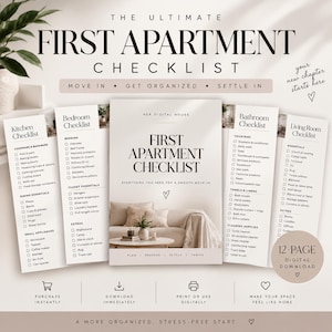 Könnte beinhalten: Ein 12-seitiger digitaler Download mit dem Titel The Ultimate First Apartment Checklist, der organisierte Listen für Küche, Schlafzimmer, Bad und Wohnzimmer enthält. Das Dokument bietet Checkboxen für Utensilien, Bettwäsche und Möbel.