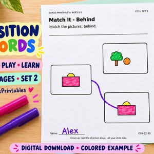 May include: A white educational worksheet titled Match It - Behind with the text Sarus Printables, Ages 3-5, and C03/Set 2. The page features black-outlined boxes containing colored drawings of a tree, a circle, and a rectangle, with a purple line.