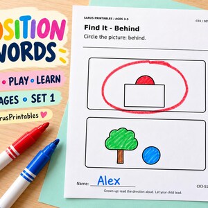 May include: A printable educational worksheet titled Position Words Find It - Behind with a red circle around a rectangle and a red semicircle. The page includes a green tree and blue circle illustration, with the name Alex written in blue ink.