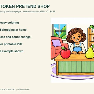 Può includere: Un PDF stampabile intitolato TEN-TOKEN PRETEND SHOP con 30 pagine da colorare e di matematica. L'illustrazione mostra un bambino dietro un bancone di legno con una mela rossa e una pera verde, in una stanza con una sedia rossa e uno scaffale.