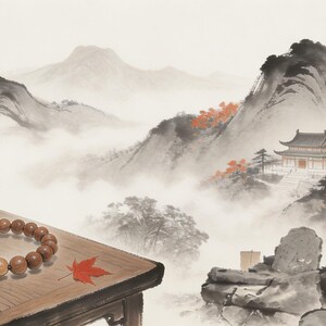 May include: A circular bracelet composed of smooth, round brown wooden beads, with one bead appearing lighter in color, resting on a wooden table surface alongside two small, vibrant red maple leaves against a misty mountain landscape.