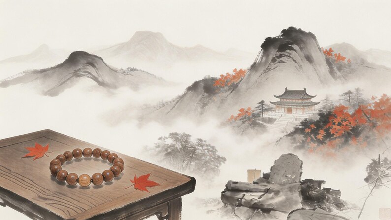 May include: A circular bracelet composed of smooth, round brown wooden beads, with one bead appearing lighter in color, resting on a wooden table surface alongside two small, vibrant red maple leaves against a misty mountain landscape.