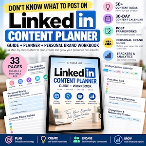 Op de afbeelding: Een digitale LinkedIn Content Planner gids en werkboek weergegeven op een tabletscherm, omringd door geprinte pagina's waaronder een 30-dagen contentkalender, een gids voor merkpositionering en een tracker voor betrokkenheid.