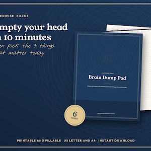 Może przedstawiać: Ciemnoniebieski cyfrowy notatnik z białym tekstem Luxenwise Focus, Empty your head in 10 minutes then pick the 3 things that matter today oraz Brain Dump Pad. Okrągła odznaka wskazuje 6 stron, które można drukować i wypełniać cyfrowo.