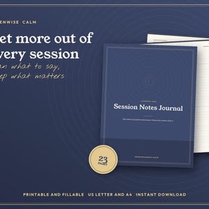 Könnte beinhalten: Ein dunkelblaues Session Notes Journal mit weißem Text, der Luxenwise Calm, Get more out of every session, plan what to say, Keep what matters und Session Notes Journal lautet. Ein kreisförmiges Abzeichen zeigt 23 Seiten an, mit sichtbaren linierten Innenseiten.