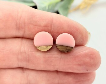 Modern symmetrical pink wood and resin earrings for women