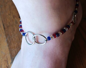 4th of July Beaded Anklet with Hoops for Women / Red White and Blue Beads / Summer Holiday Jewelry