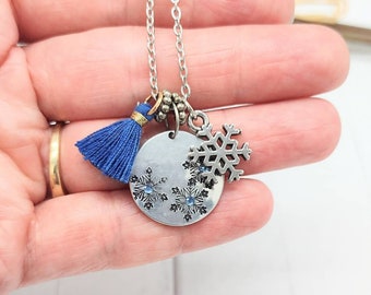 Blue Snowflake Charm Necklace for Women/ Hand-stamped/ Inspirational Jewelry/ Winter Inspired Design