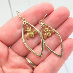 Gold Bumblebee Teardrop Dangle Minimalist Earrings for Teens and Women on Fishhook Ear Wires