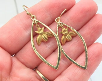 Gold Bumblebee Teardrop Dangle Minimalist Earrings for Teens and Women on Fishhook Ear Wires