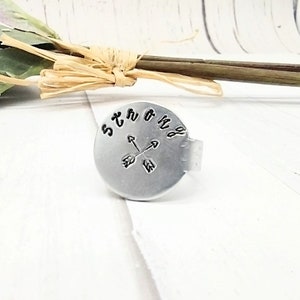 Strong Medallion Silver Ring/ Adjustable Jewelry for Men or Women/ Inspirational & Hand Stamped