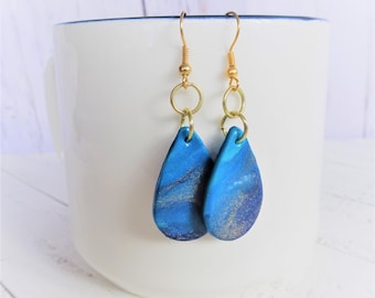 Blue and Gold Polymer Clay Tear Drop Earrings/ Ocean Inspired Jewelry/ Vacation Style for Women, Shabby Chic Dangle Earrings