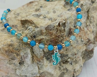 Blue Seahorse Beaded Summer Anklet for Women / Stainless Steel/Mixed Metal Jewelry
