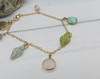 Gold Summer Sea Shell Inspirational Handstamped Charm Bracelet for Women