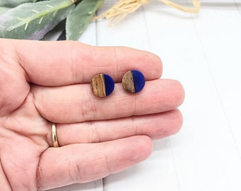 Blue Shabby Chic Wood & Resin Stud Earrings for Women/ Inspired by Nature/ Minimalist Design