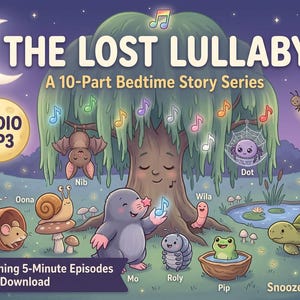 Può includere: Un'illustrazione digitale intitolata THE LOST LULLABY, A 10-Part Bedtime Story Series. Raffigura un albero centrale circondato da personaggi animali come un pipistrello, una lumaca, una talpa, un ragno, un verme, un porcellino di terra, una rana e una tartaruga.