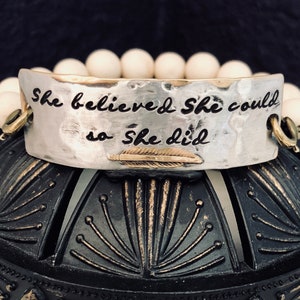 She Believed She Could SO SHE DID  hand stamped metal beaded stretch bracelet ~ affirmation ~ mantra ~ inspirational ~ jewelry gift idea