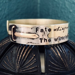 Fate whispers you can't withstand the storm--The warrior whispers back I AM the STORM, with a SWORD ~ copper or brass metal cuff bracelet