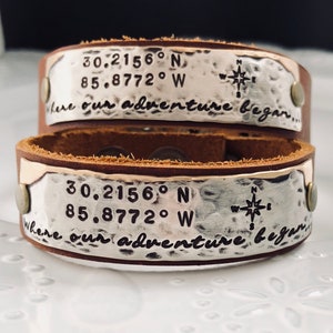 Coordinates, latitude, longitude, GPS ~ personalized and custom, hand stamped leather cuff bracelet, gift idea