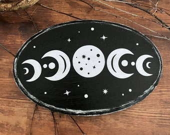 Holzschild Wanddeko Mondphasen witchy gothic oval