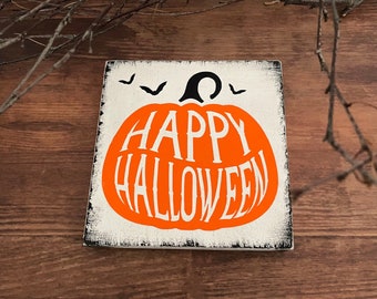 Mini Wooden Sign Farmhouse Block Happy Halloween Decoration Cake Stand