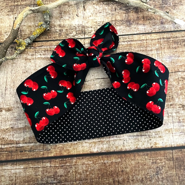 Rockabilly hairband reversible hairband cherries dots black 50s